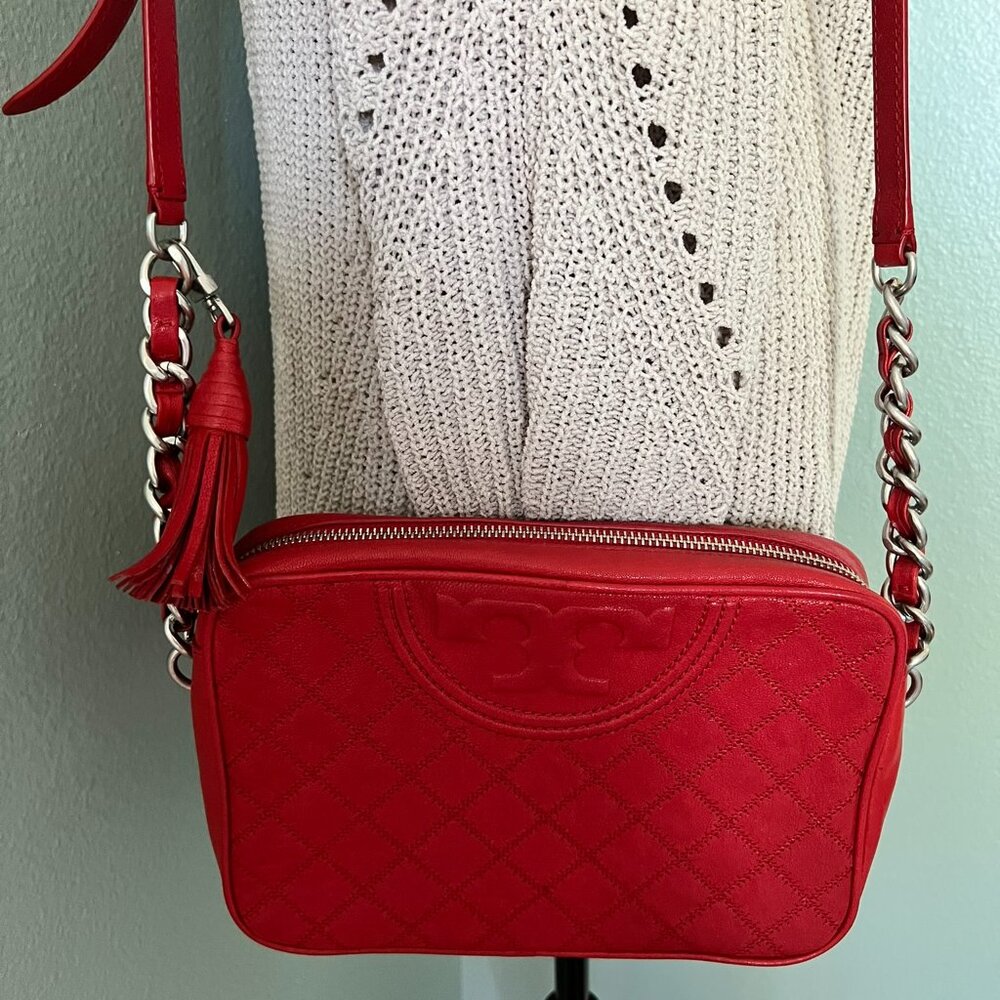 Tory Burch Fleming Distressed Leather Chain Camera Red Crossbody Bag - Picture 3 of 9